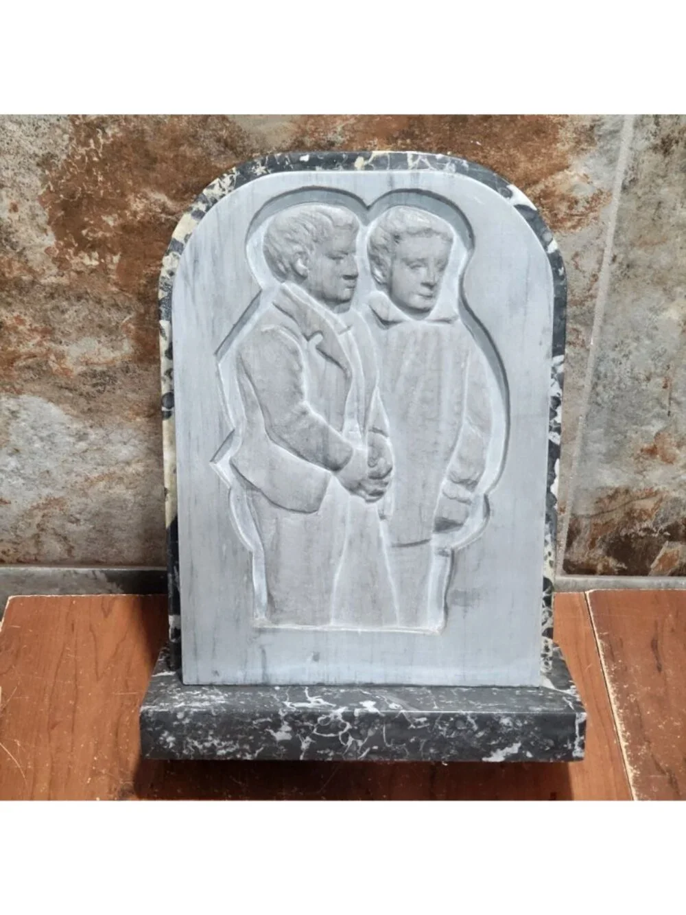 Handcrafted Stone Monument Bas Relief Carving Two Figures Side by Side Carved Ma